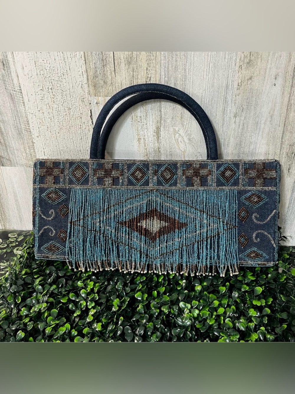 Beaded Beauty Tina Sparkle Ipa Nima Dark Blue Denim Geometric Design 14 x 6